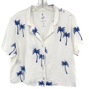 Calypso St. Barth Embroidered Palm Tree Linen Button Down Boxy Shirt